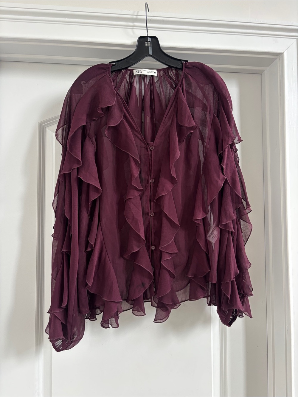 Zara Plum Ruffle-Trim Sheer Button Blouse